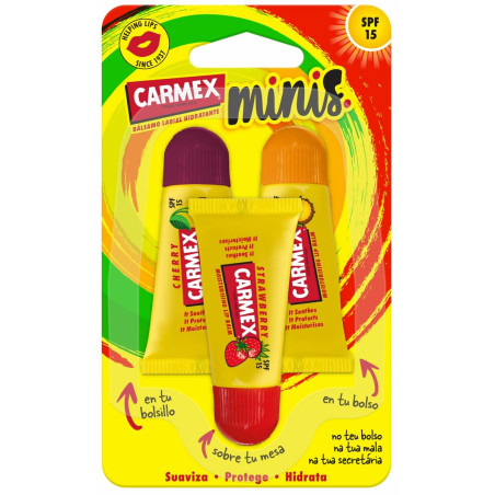 Balsamo Labbra idratante Carmex Triplo Fragola Ananas 3 Pezzi Ciliegia Spf 15