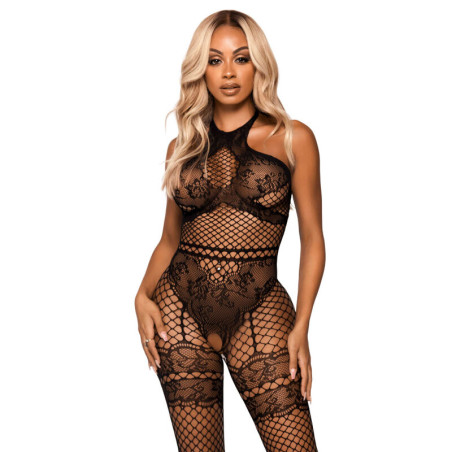 LEG AVENUE - BODYSTOCKING CON CAVEZZA IN RETE TAGLIA UNICA - NERO