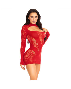 LEG AVENUE - MINI ABITO CON PIZZO MANICA LUNGA ROSSO